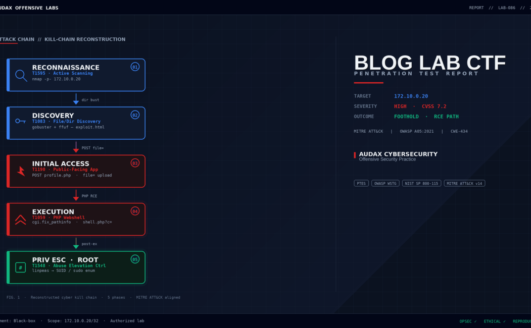 Blog Lab CTF — Offensive Labs featured image: επαγγελματικό cybersecurity report cover με attack chain διάγραμμα και MITRE ATT&CK τεχνικές
