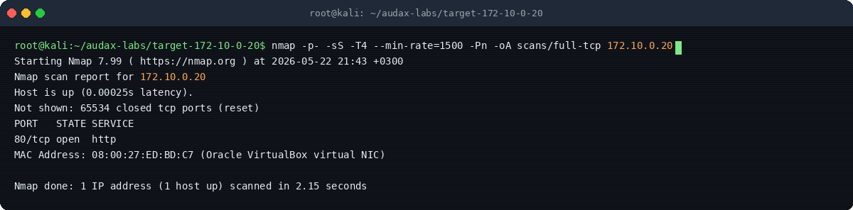 Στιγμιότυπο τερματικού: Full TCP port scan με nmap