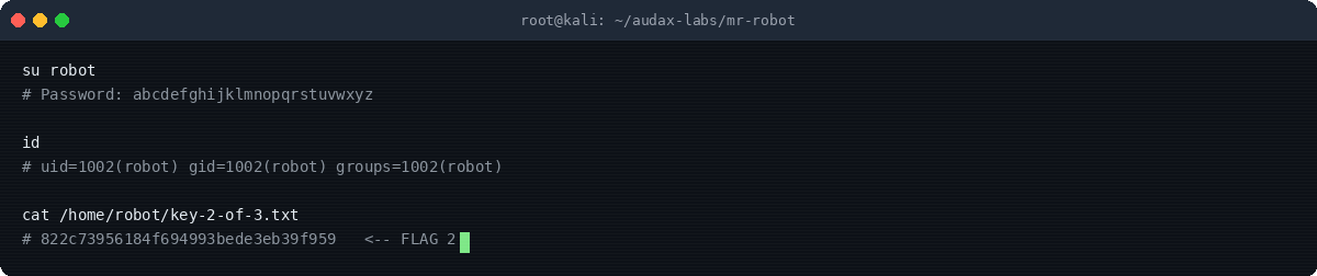 Στιγμιότυπο τερματικού: su robot — δεύτερη σημαία (FLAG 2)