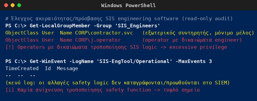 Windows PowerShell που αποκαλύπτει υπερβολικά δικαιώματα operators και εξωτερικού συντηρητή στο engineering λογισμικό SIS, και απουσία καταγραφής αλλαγών safety logic.