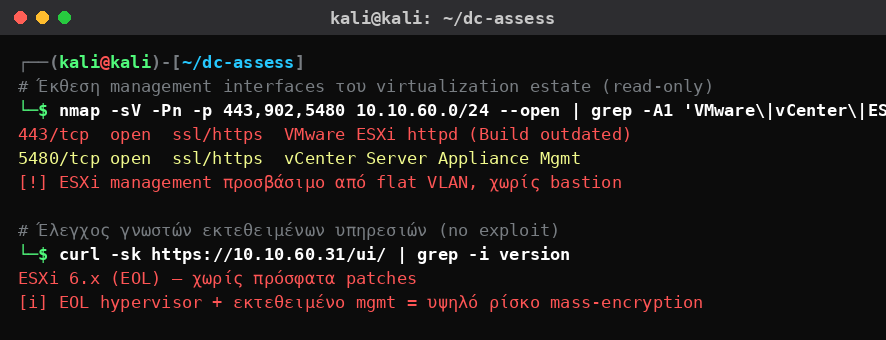 Kali Linux που χαρτογραφεί εκτεθειμένα management interfaces ESXi/vCenter σε flat VLAN με EOL έκδοση hypervisor.