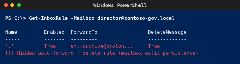 Windows PowerShell που αποκαλύπτει κρυφό κανόνα αυτόματης προώθησης και διαγραφής σε mailbox στελέχους δημόσιου φορέα.