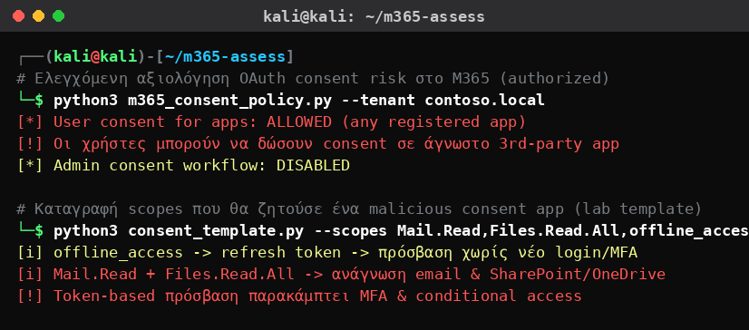 Kali Linux που αξιολογεί την πολιτική OAuth consent ενός tenant Microsoft 365: επιτρέπεται consent χρηστών σε άγνωστες εφαρμογές, με scopes που δίνουν refresh token και πρόσβαση σε email και αρχεία χωρίς MFA.