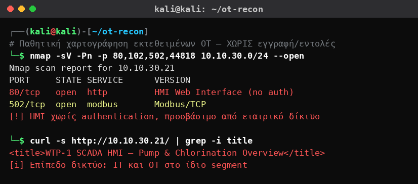 Kali Linux που χαρτογραφεί παθητικά εκτεθειμένο SCADA HMI εταιρείας ύδρευσης χωρίς authentication, προσβάσιμο από το εταιρικό δίκτυο.