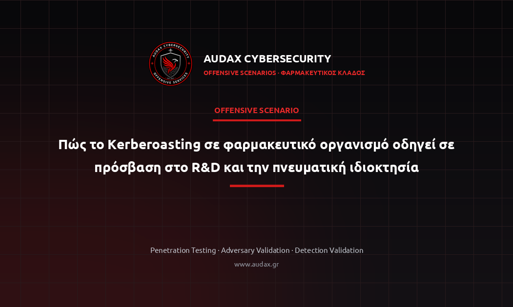 Offensive Scenario της Audax Cybersecurity για Kerberoasting σε φαρμακευτικό οργανισμό και πρόσβαση σε δεδομένα R&D.