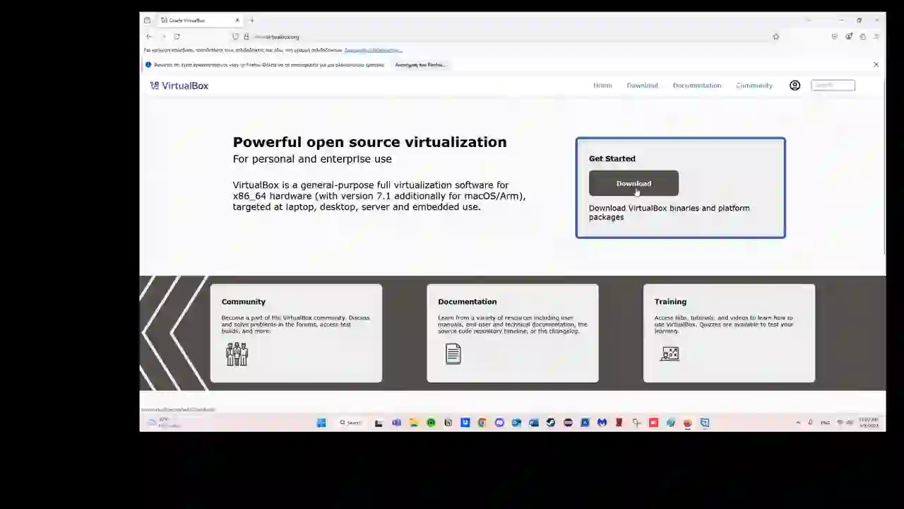 Η αρχική σελίδα του Oracle VirtualBox με το κουμπί Download για τη λήψη του δωρεάν λογισμικού εικονικοποίησης.