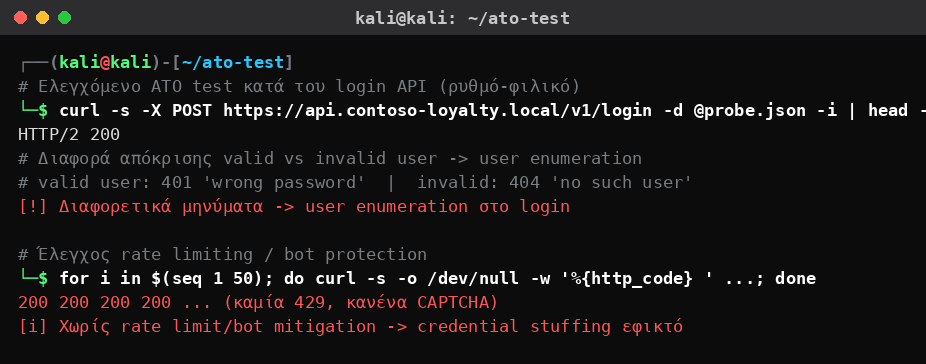 Kali Linux που ελέγχει ελεγχόμενα το login API μιας loyalty πλατφόρμας και βρίσκει user enumeration και απουσία rate limiting/bot protection.