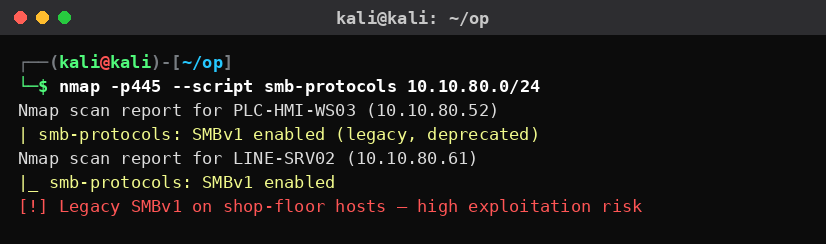 Kali Linux nmap που εντοπίζει legacy SMBv1 σε hosts του shop-floor σε βιομηχανικό περιβάλλον manufacturing.
