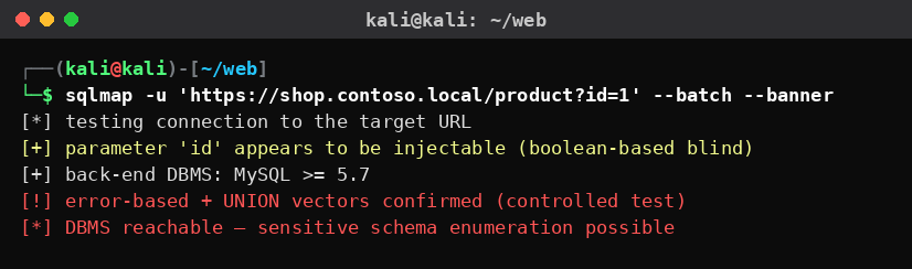 Kali Linux sqlmap που επιβεβαιώνει ευπάθεια SQL injection σε παράμετρο e-commerce εφαρμογής, σε ελεγχόμενο τεστ.