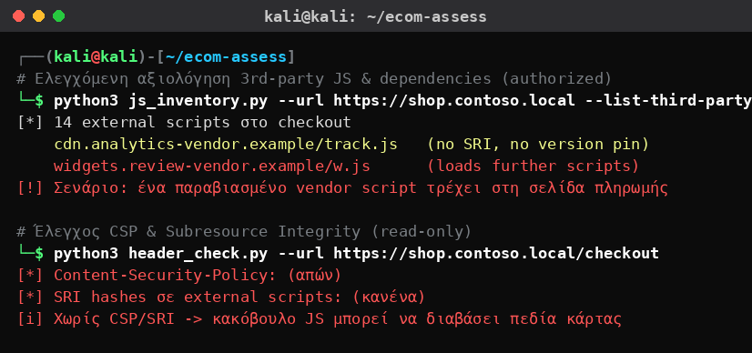 Kali Linux που αξιολογεί τα third-party JavaScript και dependencies ενός e-commerce checkout: πολλά external scripts χωρίς SRI ή version pinning και απουσία Content-Security-Policy, ώστε ένα παραβιασμένο vendor script να μπορεί να διαβάσει πεδία κάρτας.