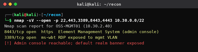 Kali Linux nmap που εντοπίζει εκτεθειμένη admin κονσόλα συστήματος διαχείρισης σε τηλεπικοινωνιακό δίκτυο.