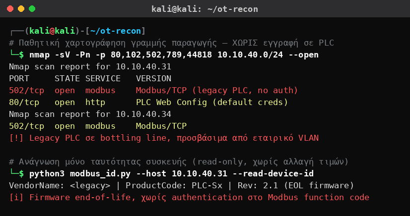 Kali Linux που χαρτογραφεί παθητικά legacy PLC σε γραμμή εμφιάλωσης βιομηχανίας τροφίμων, με εκτεθειμένο Modbus χωρίς authentication και firmware σε λήξη υποστήριξης.
