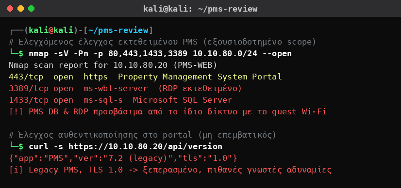 Kali Linux που ελέγχει ελεγχόμενα ένα εκτεθειμένο Property Management System ξενοδοχειακής αλυσίδας, με RDP και SQL Server προσβάσιμα στο ίδιο δίκτυο με το guest Wi-Fi και legacy έκδοση με TLS 1.0.