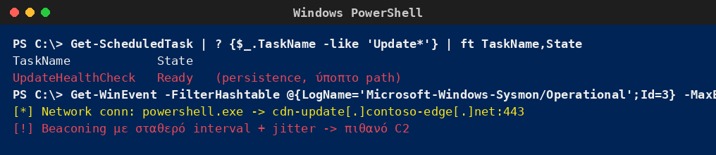 Windows PowerShell που εντοπίζει scheduled task persistence και beaconing προς εξωτερικό domain μέσω Sysmon, σε σενάριο APT emulation σε υπουργείο.