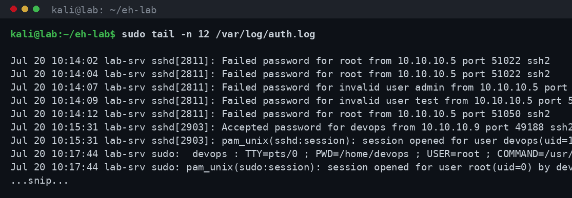 Έξοδος tail του /var/log/auth.log που δείχνει πολλαπλές αποτυχημένες συνδέσεις SSH για root και invalid users από την IP 10.10.10.5, μια επιτυχημένη σύνδεση και χρήση sudo