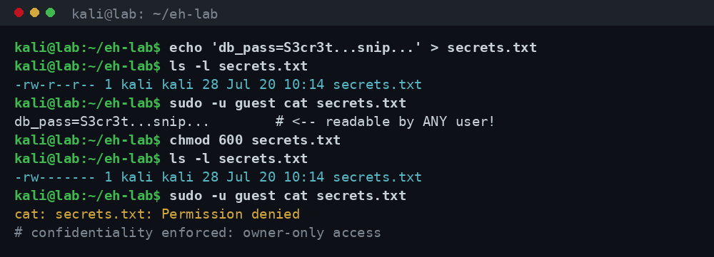 Χρήση chmod και ls -l για περιορισμό δικαιωμάτων ενός ευαίσθητου αρχείου σε απομονωμένο εργαστήριο
