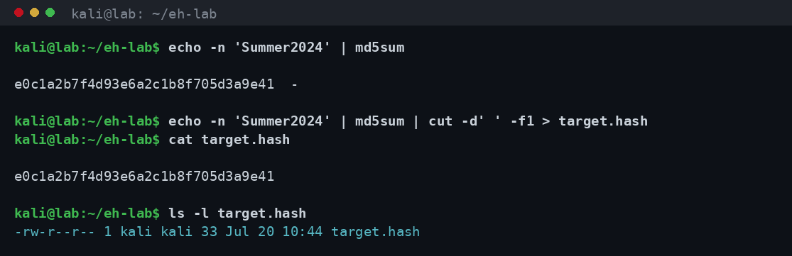 Δημιουργία MD5 hash ενός αδύναμου κωδικού με echo και md5sum στο τερματικό Kali