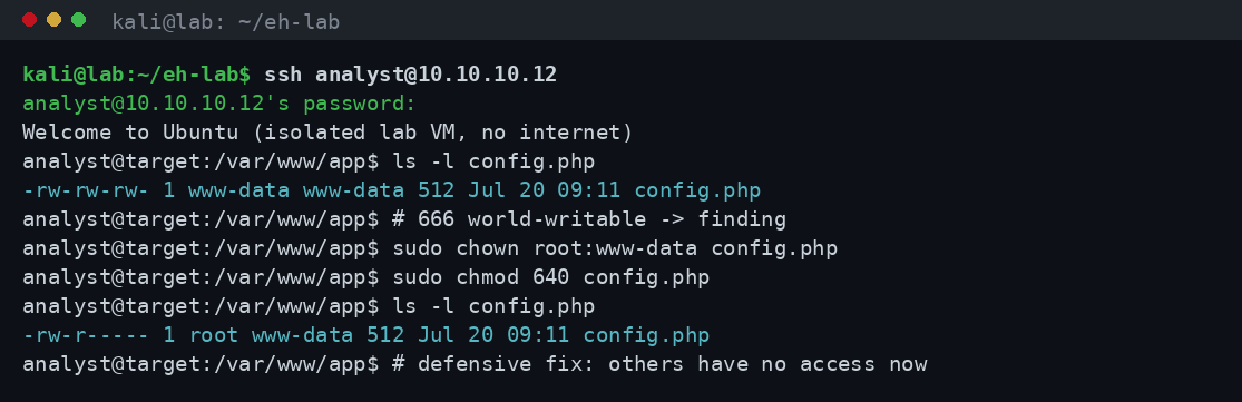 Εντολές ls -l, chmod και chown για ανάγνωση και διόρθωση δικαιωμάτων αρχείου σε απομονωμένο εργαστήριο