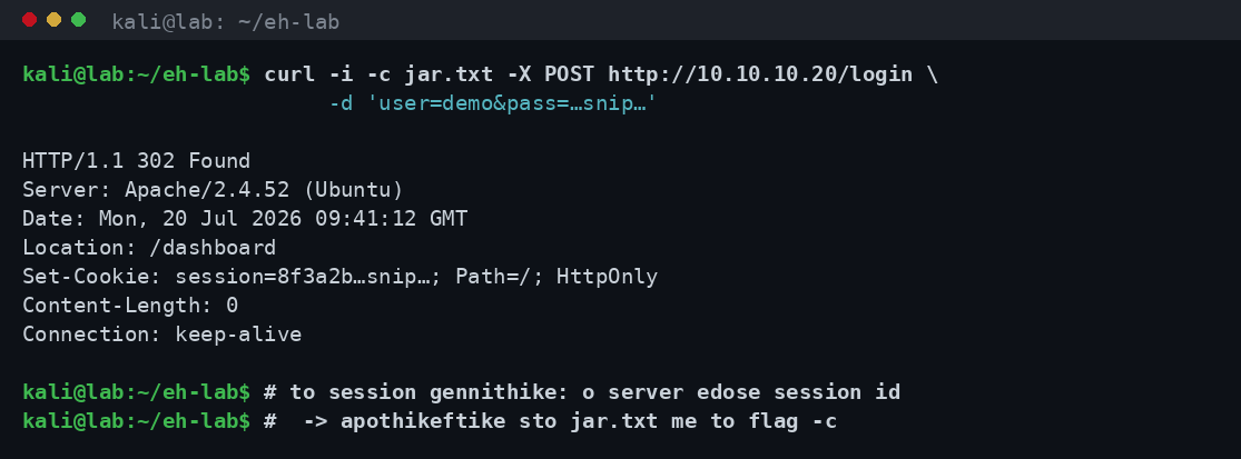 Έξοδος curl με POST στο /login: ο server απαντά 302 και στέλνει Set-Cookie με το session id και τη σημαία HttpOnly