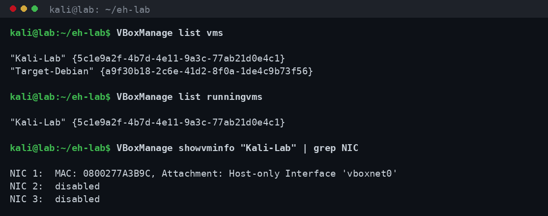 Έξοδος της εντολής VBoxManage list vms που δείχνει τις καταχωρημένες εικονικές μηχανές Kali και target στο VirtualBox