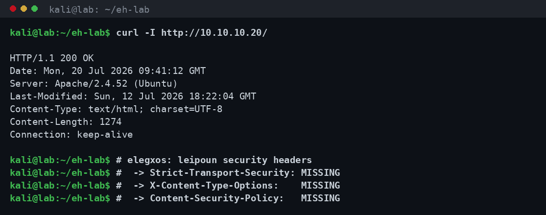 Έξοδος curl -I με τα response headers, όπου φαίνονται Server, Content-Type και ελλείψεις σε security headers
