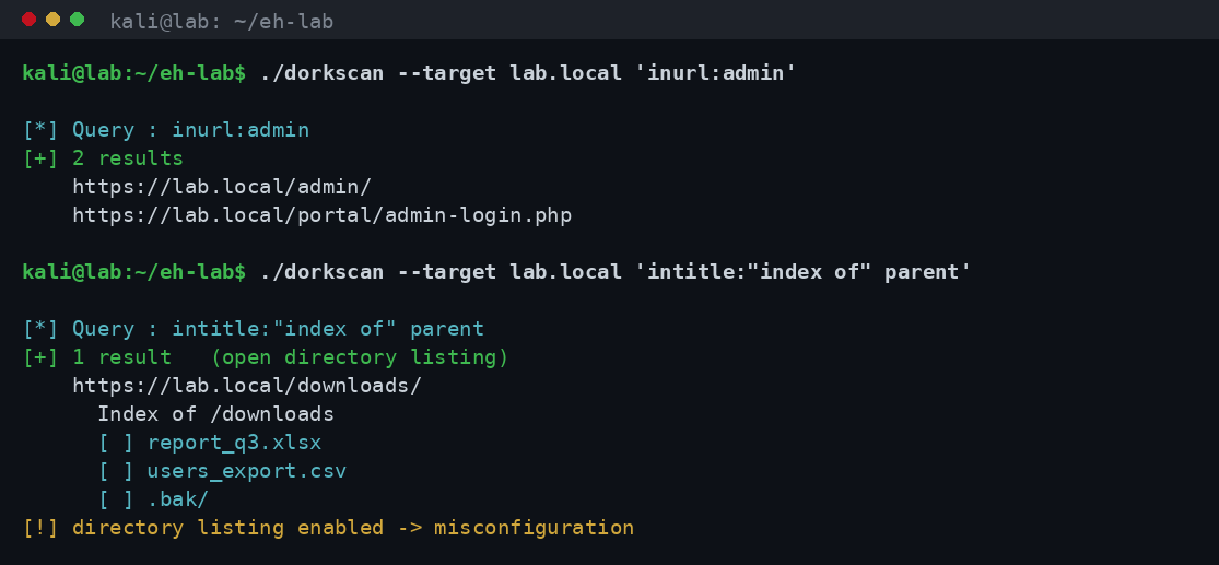 Terminal με dork queries inurl:admin και intitle index of στο εργαστηριακό περιβάλλον
