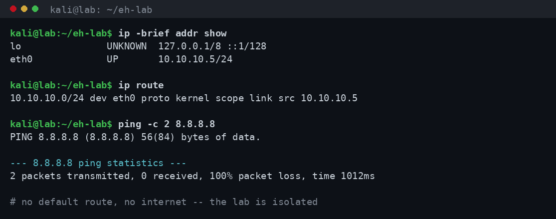 Έξοδος ip addr και ip route στην Kali που δείχνει IP 10.10.10.5, μόνο τη διαδρομή του τοπικού υποδικτύου και ένα ping στο 8.8.8.8 που αποτυγχάνει με 100% packet loss, αποδεικνύοντας ότι δεν υπάρχει πρόσβαση στο ίντερνετ