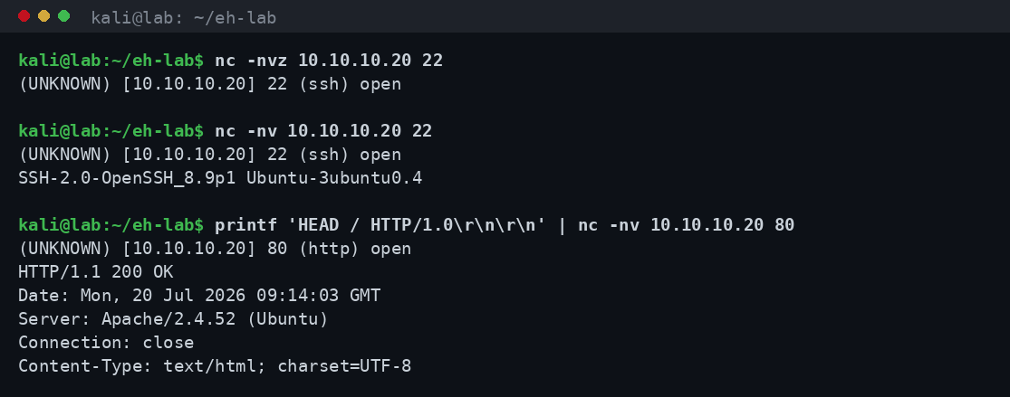 netcat client που ελέγχει το port 22 και κάνει banner grabbing σε SSH και HTTP, αποκαλύπτοντας OpenSSH και Apache εκδόσεις