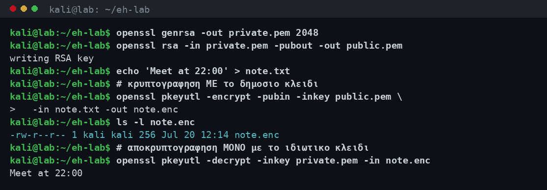 Δημιουργία ζεύγους κλειδιών RSA με openssl και κρυπτογράφηση με το δημόσιο κλειδί που αποκρυπτογραφείται μόνο με το ιδιωτικό κλειδί σε lab