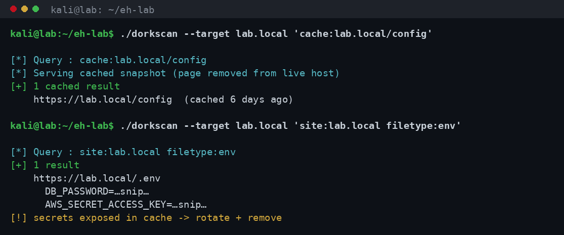 Terminal με χρήση του τελεστή cache και συνδυασμένων dork queries για εντοπισμό εκτεθειμένων αρχείων ρυθμίσεων