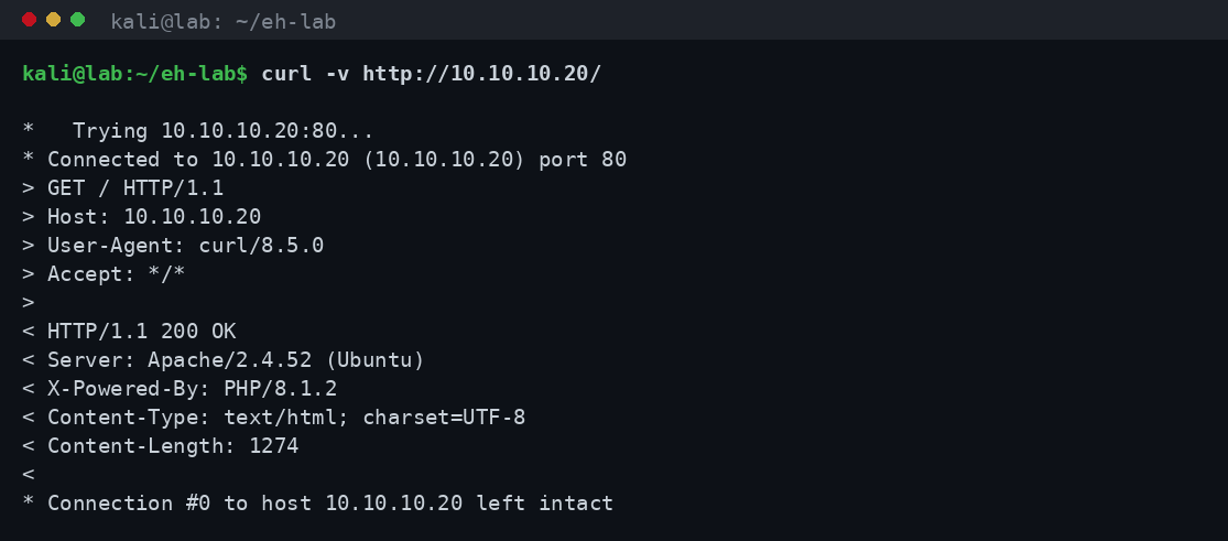 Έξοδος curl -v προς http://10.10.10.20 που δείχνει το GET request, τις κεφαλίδες και την απόκριση 200 OK με Server Apache και λείπουσες security headers