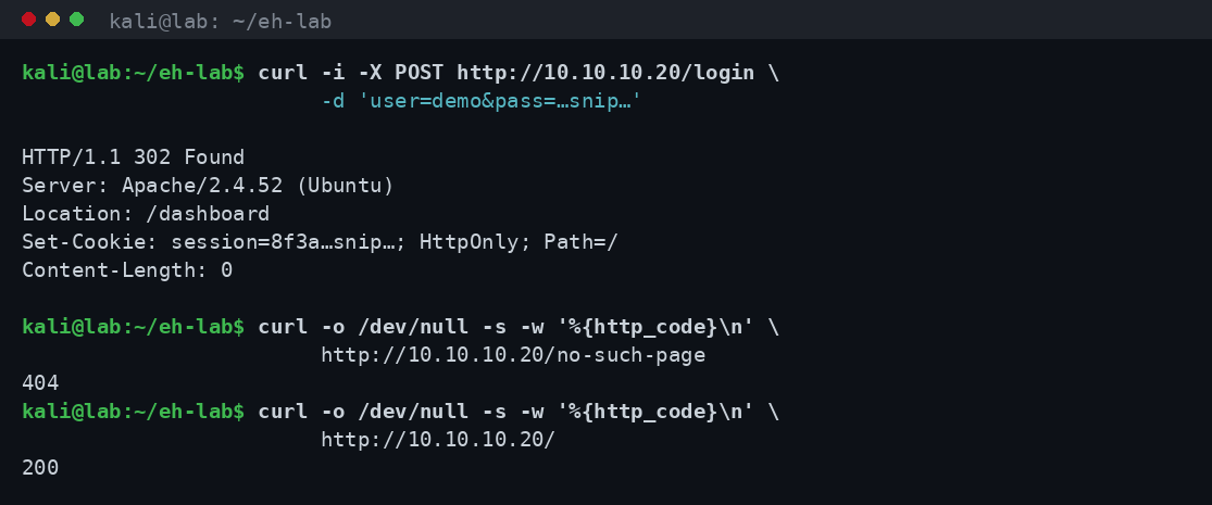Έξοδος curl που δείχνει POST request σε endpoint σύνδεσης του lab με απάντηση 302 redirect και σύγκριση status codes