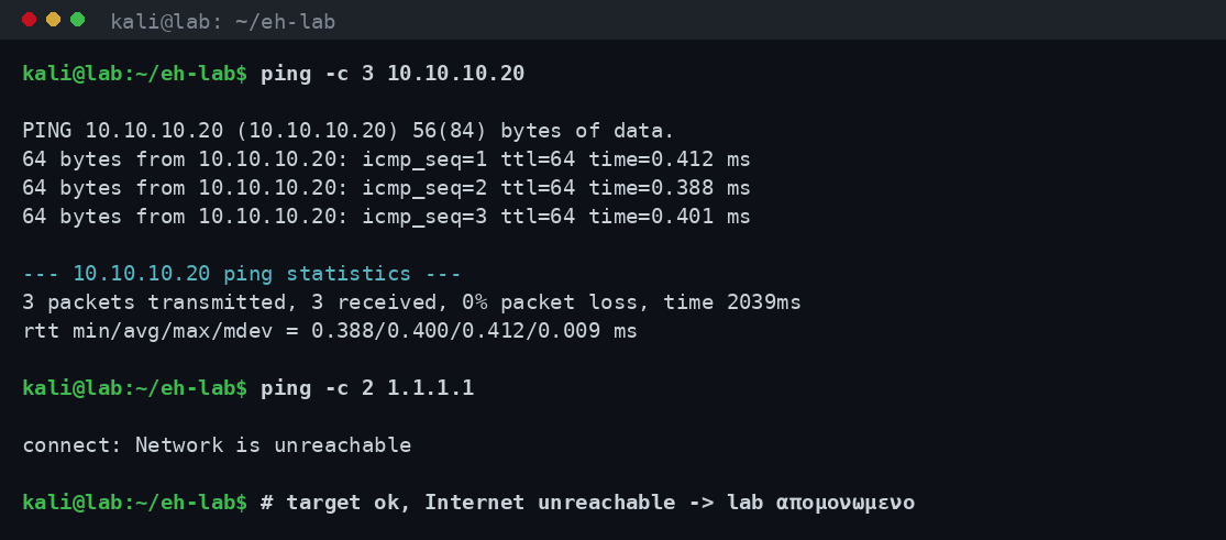 Έξοδος ping από το Kali προς την target VM στη διεύθυνση 10.10.10.20 που επιβεβαιώνει επικοινωνία εντός του απομονωμένου δικτύου και αποτυχία εξόδου προς το Internet