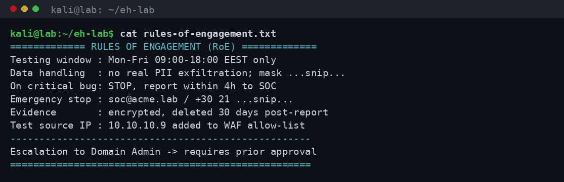 Έγγραφο Rules of Engagement με χρονικό παράθυρο, χειρισμό δεδομένων και διαδικασία έκτακτης διακοπής σε εργαστηριακό αρχείο
