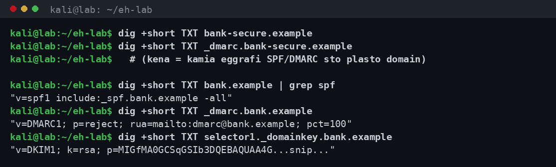 Σύγκριση εγγραφών DNS TXT με dig που δείχνει απουσία SPF και DMARC στο πλαστό domain και αυστηρή πολιτική reject στο νόμιμο