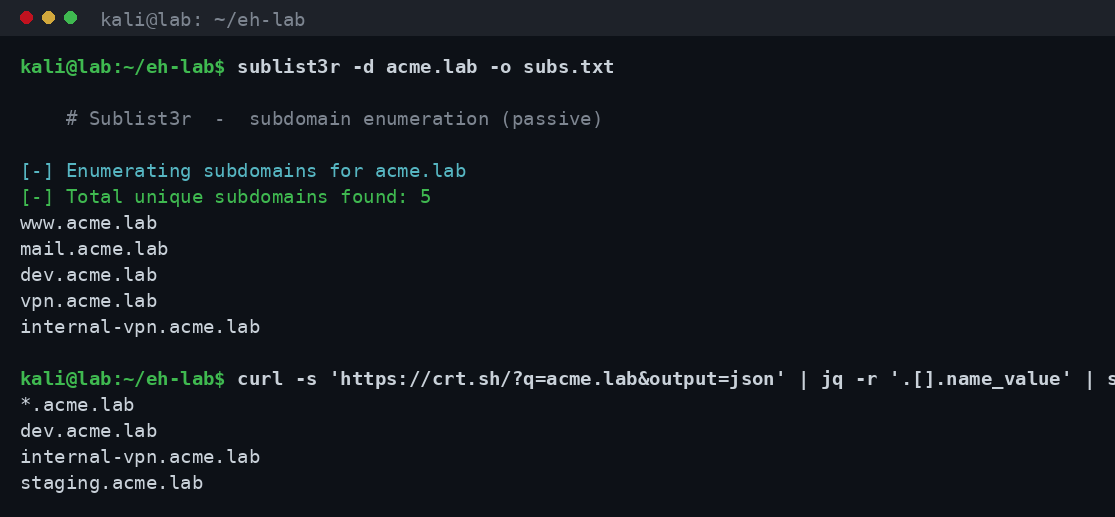 Ανακάλυψη subdomains με Sublist3r και ερώτημα στο crt.sh Certificate Transparency για το lab domain