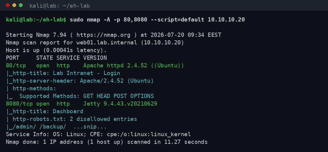 Έξοδος nmap -A με default NSE scripts που αποκαλύπτει τίτλους σελίδων, HTTP methods και disallowed entries στο robots.txt