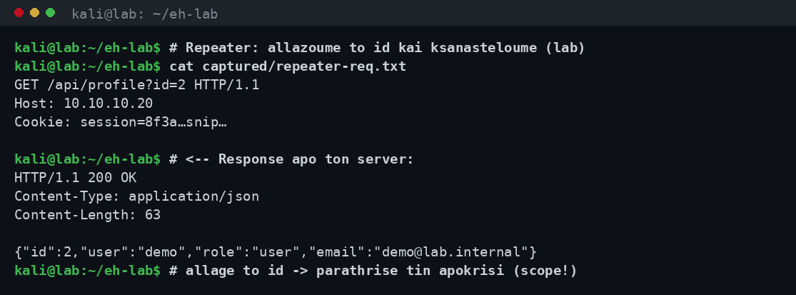 Καρτέλα Repeater του Burp: ένα GET request προς /api/profile με τροποποιημένη παράμετρο id και η αντίστοιχη JSON απόκριση του server του lab