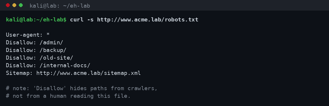 Ανάγνωση του robots.txt ενός lab web server που αποκαλύπτει ευαίσθητες διαδρομές όπως admin και backup