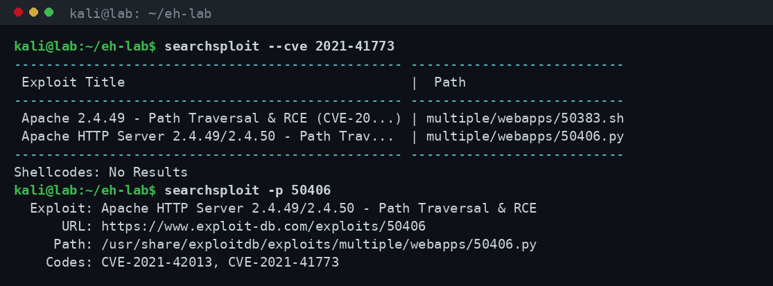 Έξοδος searchsploit που εντοπίζει δημόσια exploits για το CVE-2021-41773 στο Exploit-DB και δείχνει με searchsploit -p τη διαδρομή και τους σχετικούς κωδικούς CVE