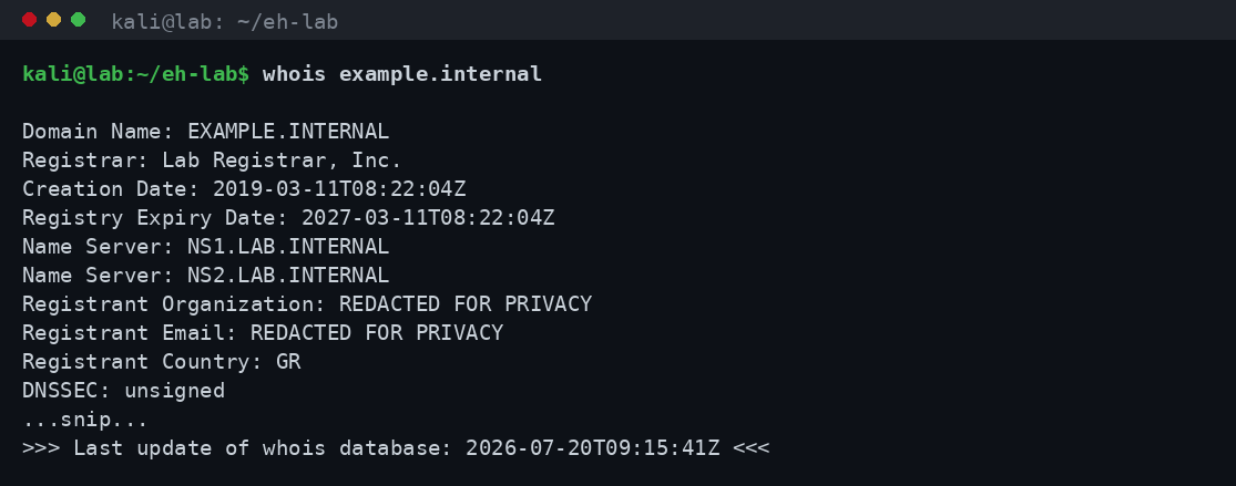 Έξοδος whois για ένα domain παράδειγμα που δείχνει registrar, ημερομηνίες δημιουργίας και λήξης, name servers και redacted στοιχεία λόγω GDPR