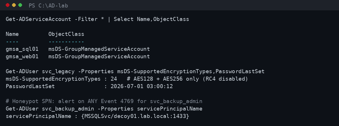 PowerShell defensive check: Get-ADServiceAccount για gMSA, AES-only encryption types και honeypot SPN