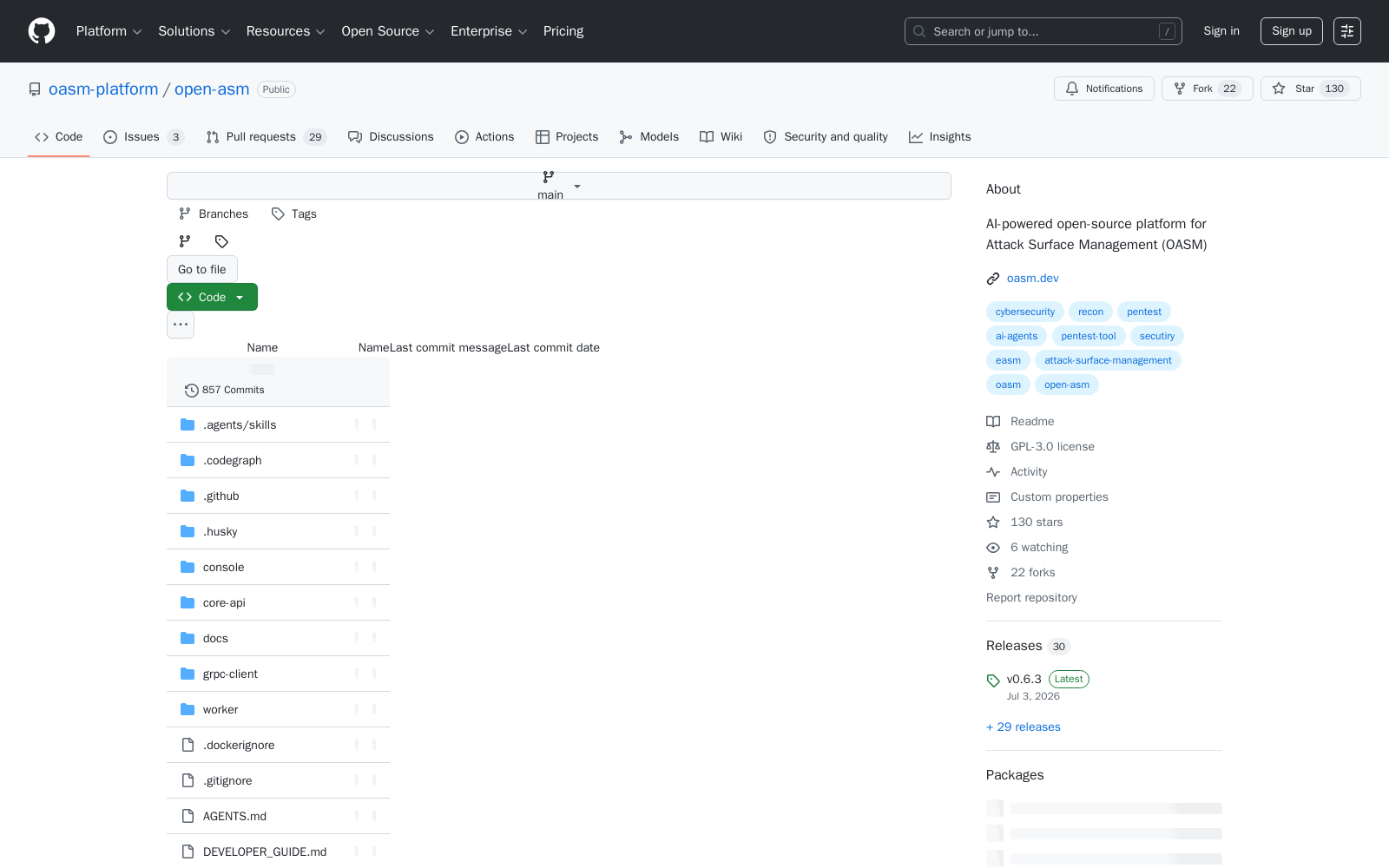 Το αποθετήριο του OASM στο GitHub: GPL-3.0, ενεργή ανάπτυξη, 30 releases